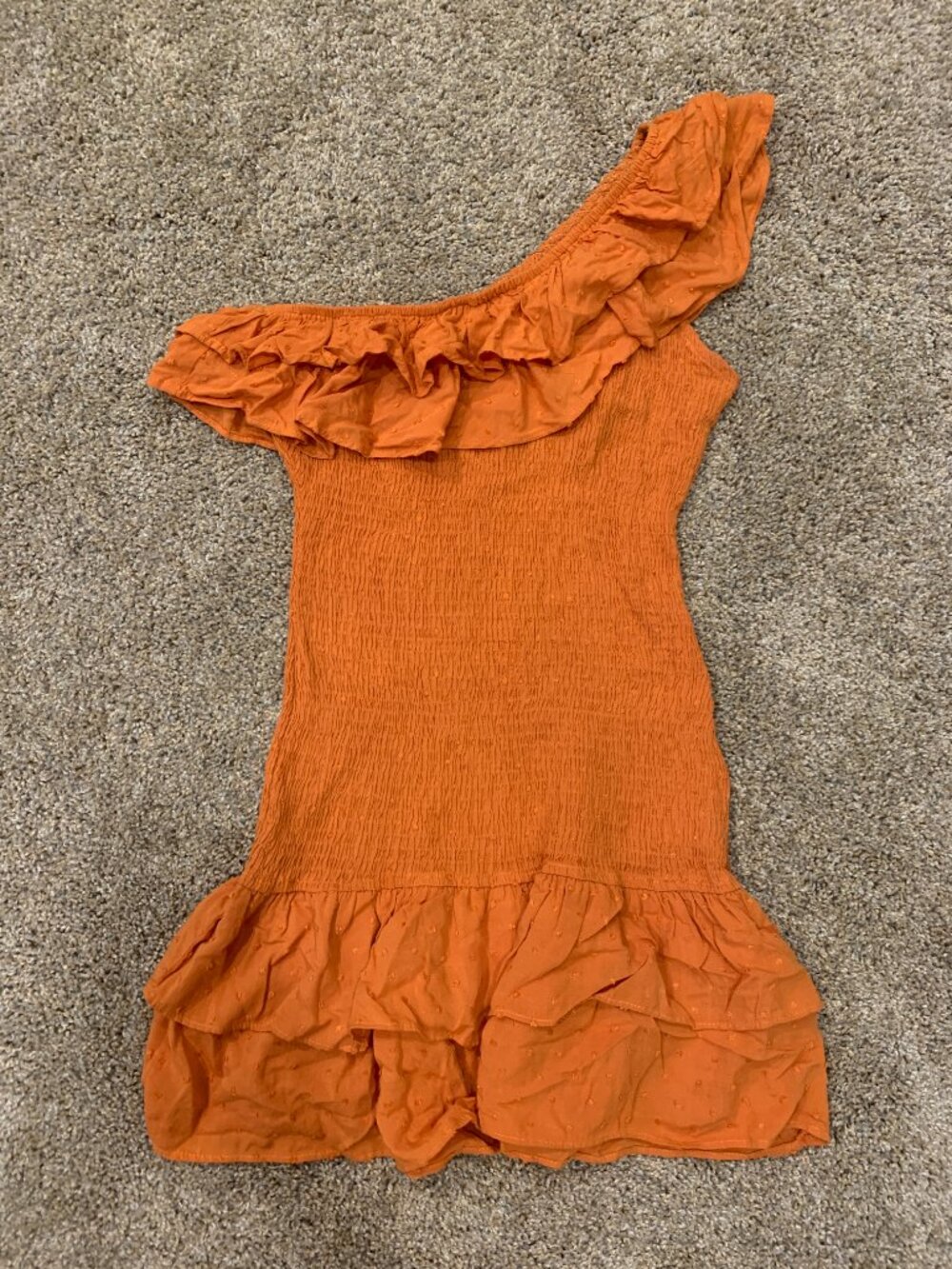 Burnt Orange Dress with Ruched Bodice and Ruffled One-Shoulder Silhouette Size S - Picture 2 of 5